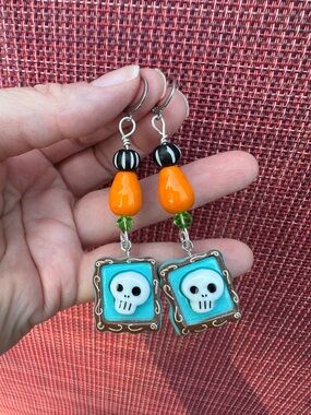 Artisan Orange Turquoise Skull Dangle Earrings
